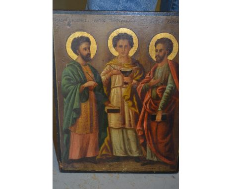 Antique Continental icon on panel, portrait of three Saints, extensively inscribed, 13.5ins x 10.5ins 