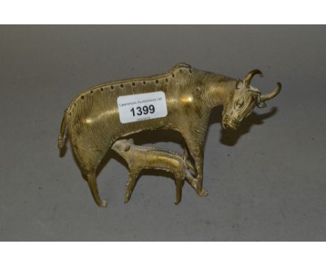 Modern Benin type bronze figure of a cow and calf 