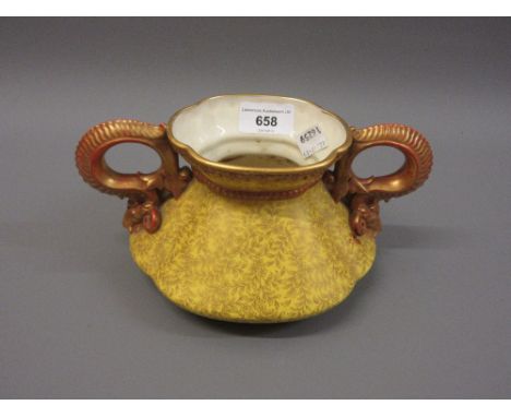 Royal Worcester floral decorated on yellow ground vase with gilded ram's head handles 