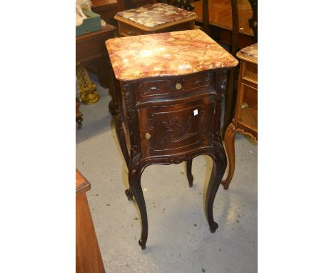 19th Century French rosewood marble top bedside cabinet with single drawer above carved door, raised on cabriole supports 