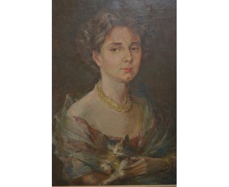 Oil on canvas, half length portrait of a lady with her cat, indistinctly signed, 19ins x 15insDated from 1954 