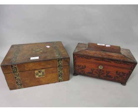19th Century mahogany sarcophagus shaped tea caddy having inlaid decoration (at fault), 12ins wide x 8ins high, together with