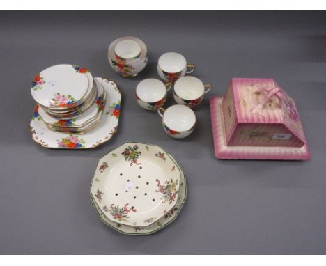 Carlton China ' Sunshine ' pattern tea service, a Royal Dalton strainer and stand and a pottery cheese dish and cover 