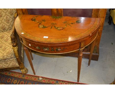 19th Century satinwood and parcel gilt demi lune card table in George III style, the top and frieze painted with floral swags
