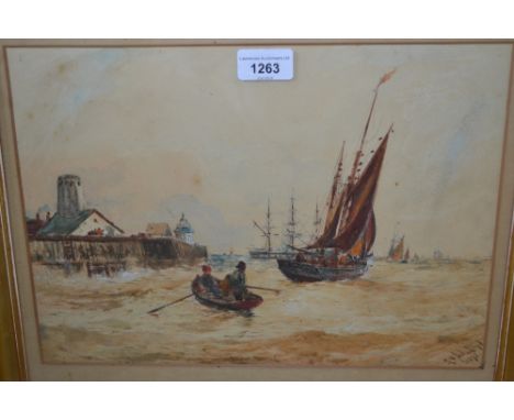 R. Malcolm LLoyd, 19th Century watercolour, various shipping off a continental harbour with lighthouse and figures, dated 189