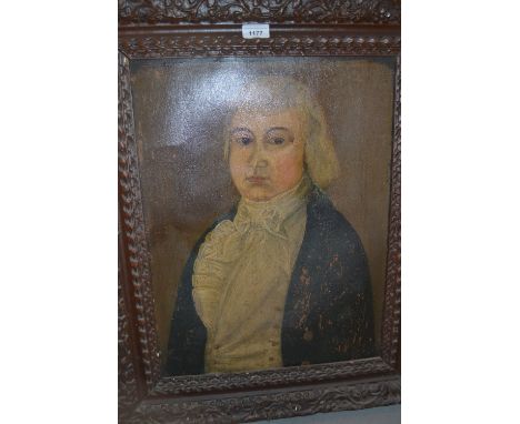 Early 19th Century English school, oil on board, head and shoulder portrait of a man wearing a white bow tie and blue frock c