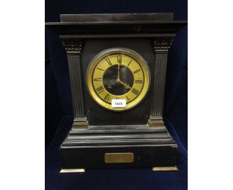 19th Century black slate and gilt metal mounted mantel clock, the rectangular case with flanking pilasters, the unusual two t