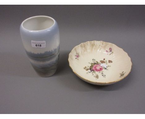 Royal Copenhagen vase decorated with a landscape and lock, 7.5ins high and a Royal Copenhagen floral decorated dish 