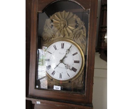 19th Century French comtoise longcase clock, the grained pine case enclosing an embossed brass and enamel dial with Roman num