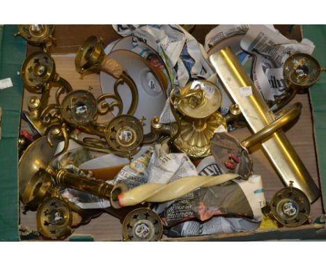 Brass five light electrolier, three matching wall lights and a picture light 