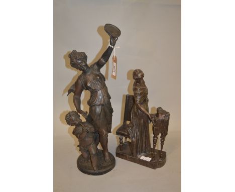 19th Century dark patinated spelter figure of a girl with a tambourine and putto playing a pipe, together with another of a g