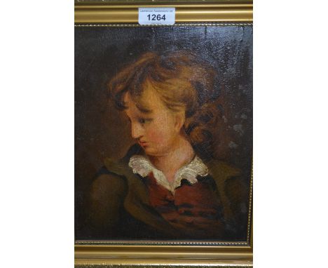Antique oil on panel, head and shoulder portrait of a young boy, unsigned, gilt framed, 10.5ins x 8.5ins 