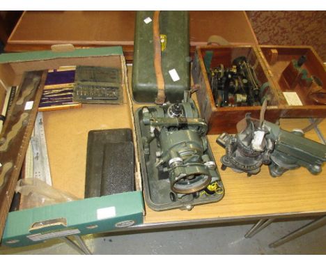 Mid 20th Century surveyor's theodolite with stand, together with a similar level and a quantity of other draughtsmens and sur