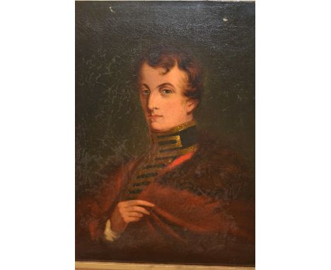 19th Century oil on canvas, head and shoulder portrait of Arthur Wellesley, First Duke of Wellington, 19ins x 15ins, gilt fra