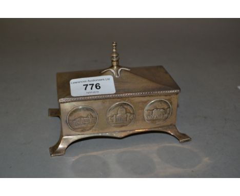 London silver rectangular casket shaped trinket box with scenes of Calcutta on splay supports 