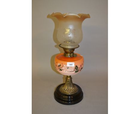 Brass oil lamp with a painted glass well and an etched glass shade 