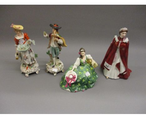 Royal Worcester figure in celebration of the Queen's 80th birthday, a Royal Doulton figure ' Elyse ' and a pair of Sitzendorf