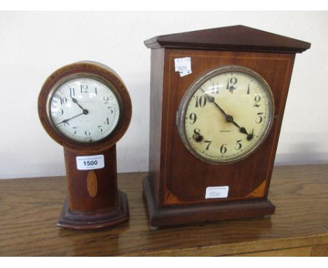 Small Edwardian mahogany crossbanded and inlaid drum form pedestal mantel clock (at fault) together with an Edwardian mahogan