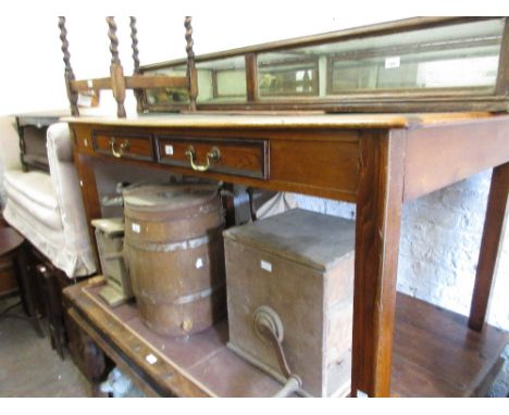 Oak writing table with a green tooled leather inset top together with four various filing cabinets 