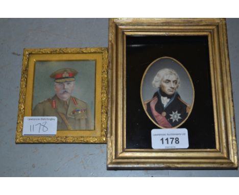 19th Century miniature on ivory portrait of Nelson, oval mounted and gilt framed, together with another watercolour miniature