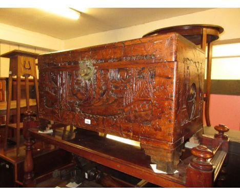 20th Century carved Chinese trunk, 19ins high x 35ins wide 