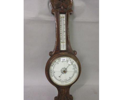 Late Victorian carved oak aneroid barometer thermometer (at fault) 