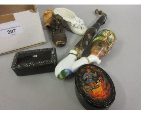Russian oval lacquered box, the cover painted with figures, together with a Victorian lacquered snuff box, a Continental porc