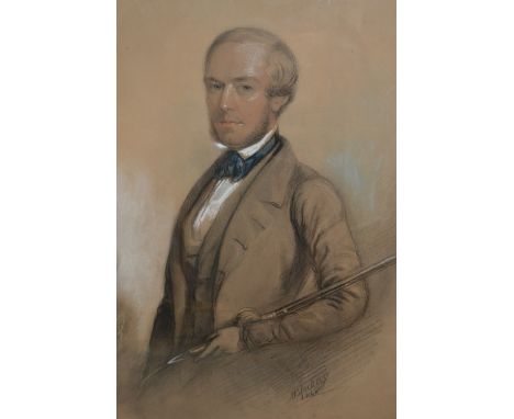 Alexander Blaikley signed charcoal and pastel, portrait of a gentleman holding a fishing rod, Thomas Clement Sneyd (Kinnersle