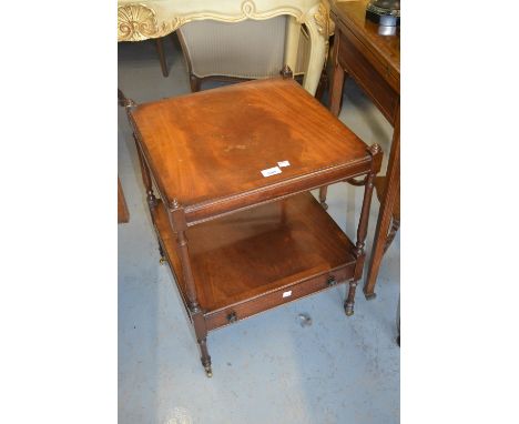 Pair of reproduction mahogany lamp tables, the square crossbanded tops above slender turned supports and single drawers 