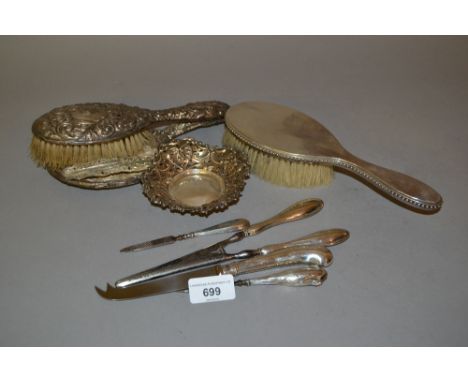 Silver trinket dish, various silver mounted dressing table brushes etc, silver handled cheese knife and sundries 