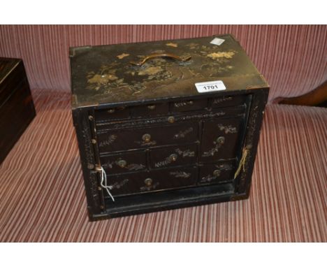 19th Century Japanese black lacquer table cabinet with tambour doors enclosing drawers, 8.5ins highOverall in good condition 