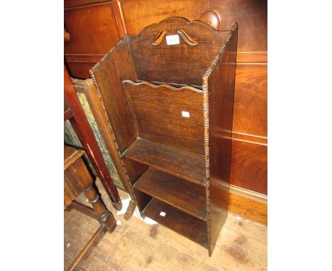 Small early 20th Century oak magazine rack / bookcase, shaped top occasional table and a similar smaller occasional table 