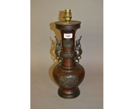 Japanese brown patinated metal vase (converted to table lamp) 