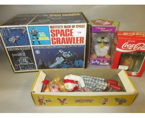 Mattel boxed Space Crawler together with a boxed Furby, boxed Pelham puppet and a boxed dancing Coca Cola can 