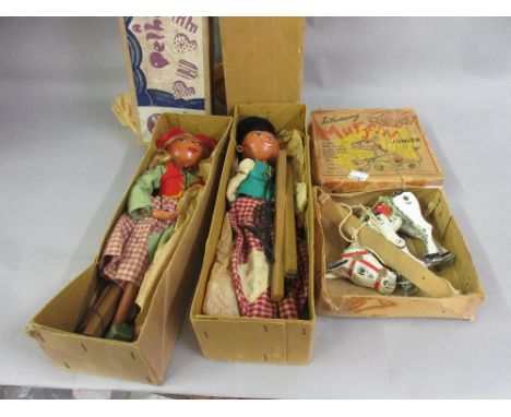 Two early boxed Pelham puppets and a small Muffin junior metal puppet in original box by Moko 