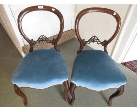 Pair of Victorian walnut balloon back side chairs with carved centre rails, two mahogany chairs, a small reproduction mahogan