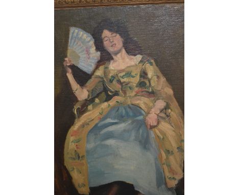 Early 20th Century Scottish School oil on canvas laid on board, portrait of a seated lady holding a fan, ornate gilt framed, 