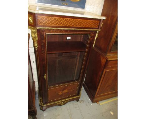 19th Century French mahogany marquetry and parquetry inlaid ormolu mounted display cabinet the flecked marble top above a sin