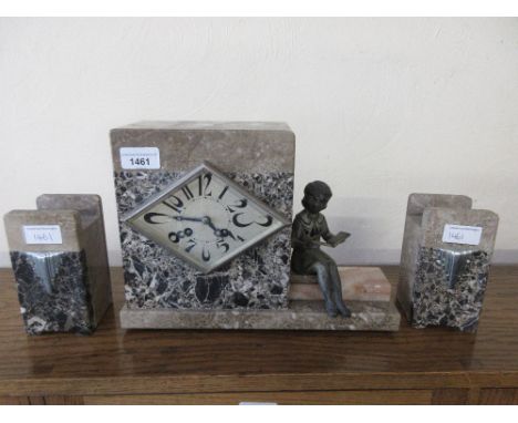 Art Deco beige and grey flecked marble mantle clock of rectangular form, gold painted spelter figure of a girl reading a book