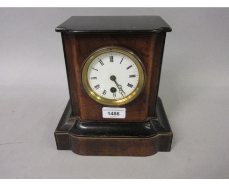 Small walnut and ebonised mantel clock with enamel dial, Roman numerals and single train movement 