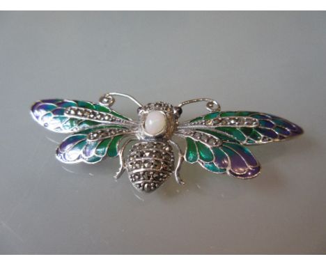 Moth brooch set with enamel, opal, marcasite and rubies 