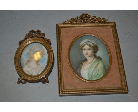18th / 19th Century watercolour miniature on ivory, a young lady signed Le Boeuf in a brass strut frame, together with anothe