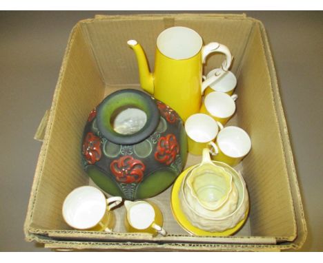 Royal Worcester yellow and gilt decorated coffee set (coffee pot lacking cover, a Belleek cream jug and sugar bowl and a Cont