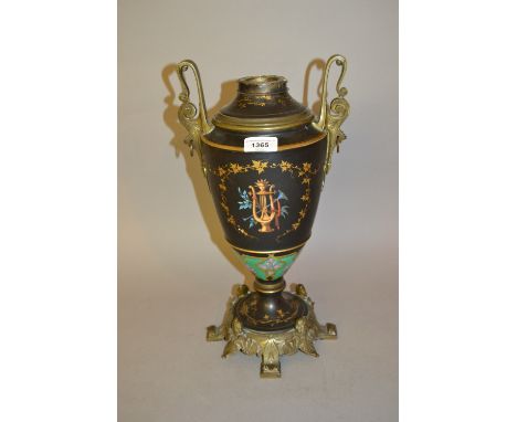 19th Century French bronze mounted porcelain oil lamp base painted with figures (at fault)Large crack to porcelain on back of