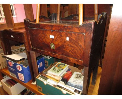 19th Century mahogany tray top commode (lacking pull-out front) and a pitch pine school desk with adjustable writing slope 