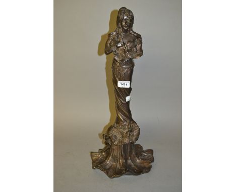 20th Century dark patinated bronze figure of a girl with flowers in Art Nouveau style, 20ins high approx 