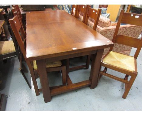 Reproduction French solid oak dining room suite comprising ; rectangular draw leaf table with two extra leaves, set of eight 