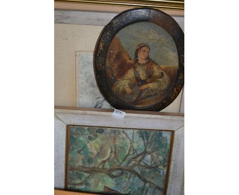 Oval mounted oil on board, portrait of an Eastern lady, together with a quantity of small framed pictures 
