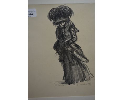 Pierre Georges Jeanniot signed charcoal drawing, portrait of a lady dated 1910, portrait study of a gentleman, verso (Cork St