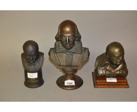 Patinated bronze bust of Shakespeare, 9.5ins high, together with a Heritage bronzed composition bust of Churchill and a Wedgw